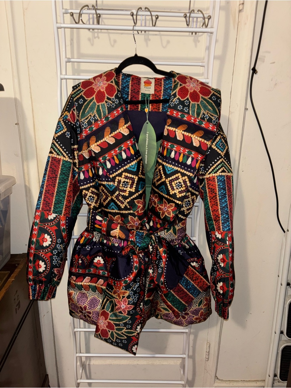Farm Rio Printed Kimono Puffer Jacket L Boho Maximalist Quilted Statement - Picture 2 of 6